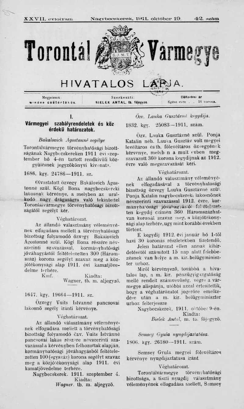 Torontál Vármegye Hivatalos Lapja, 27. évf. 1911. október 19. 42. sz.