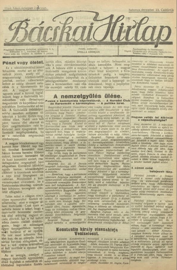 Bácskai Hirlap, 24. évf. 1920. december 23. 227. sz.