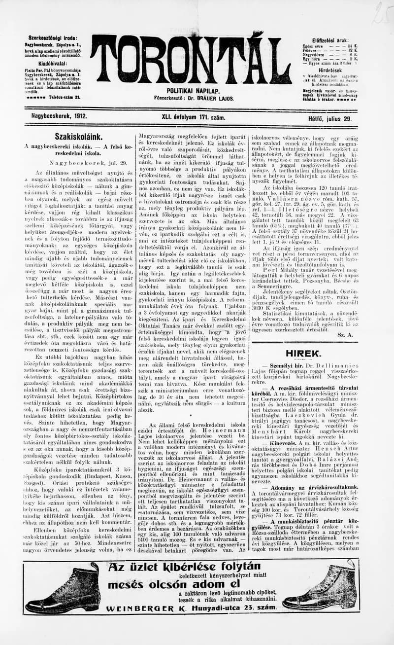Torontál, 41. évf. 1912. július 29. 171. sz.