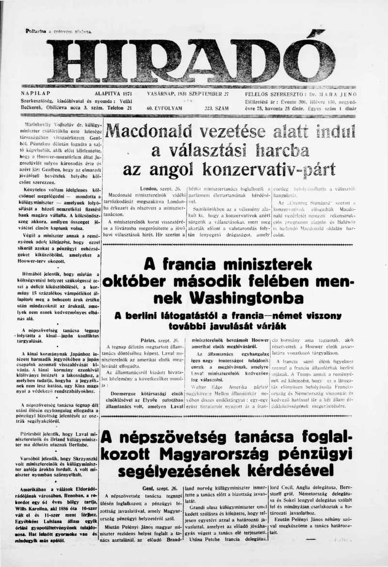 Híradó, 60. évf. 1931. szeptember 27. 223. sz.