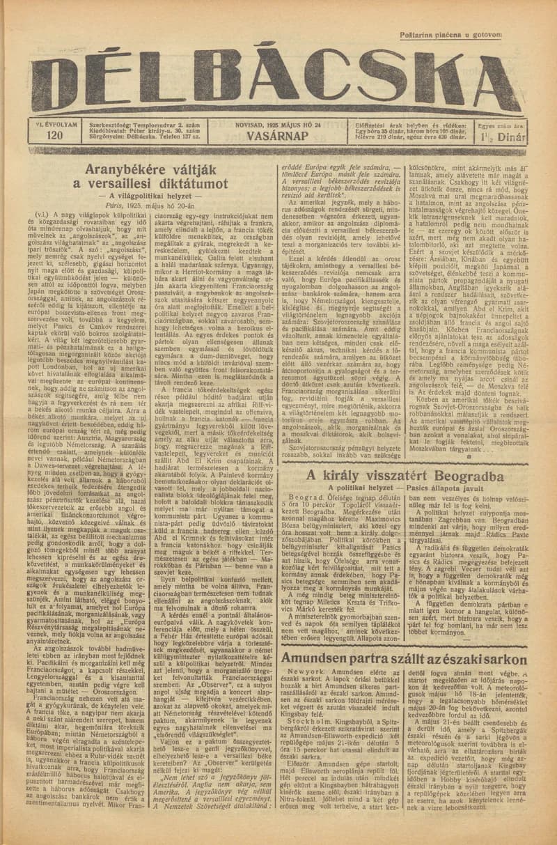 Délbácska, 6. évf. 1925. május 24. 120. sz.