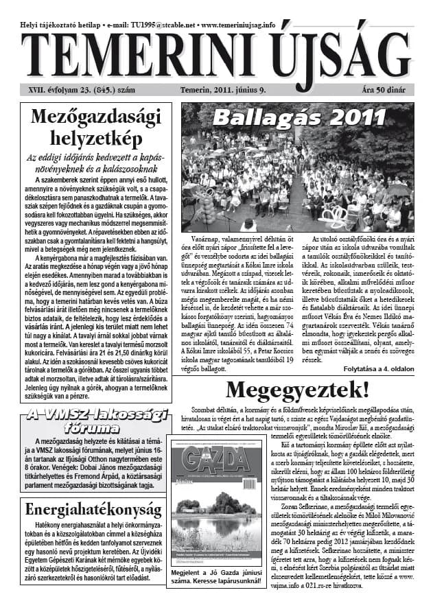 Temerini Újság, 17. évf. 2011. június 9. 23. sz.