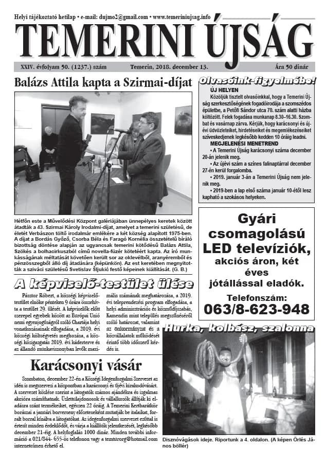 Temerini Újság, 24. évf. 2018. december 13. 50. sz.