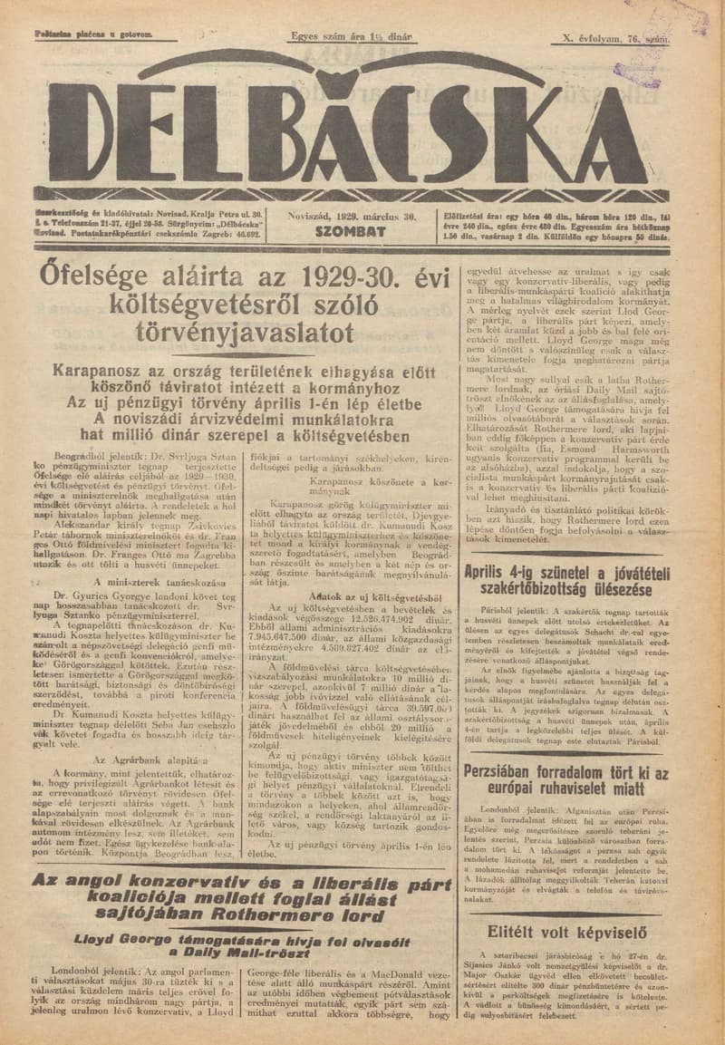 Délbácska, 10. évf. 1929. március 30. 76. sz.