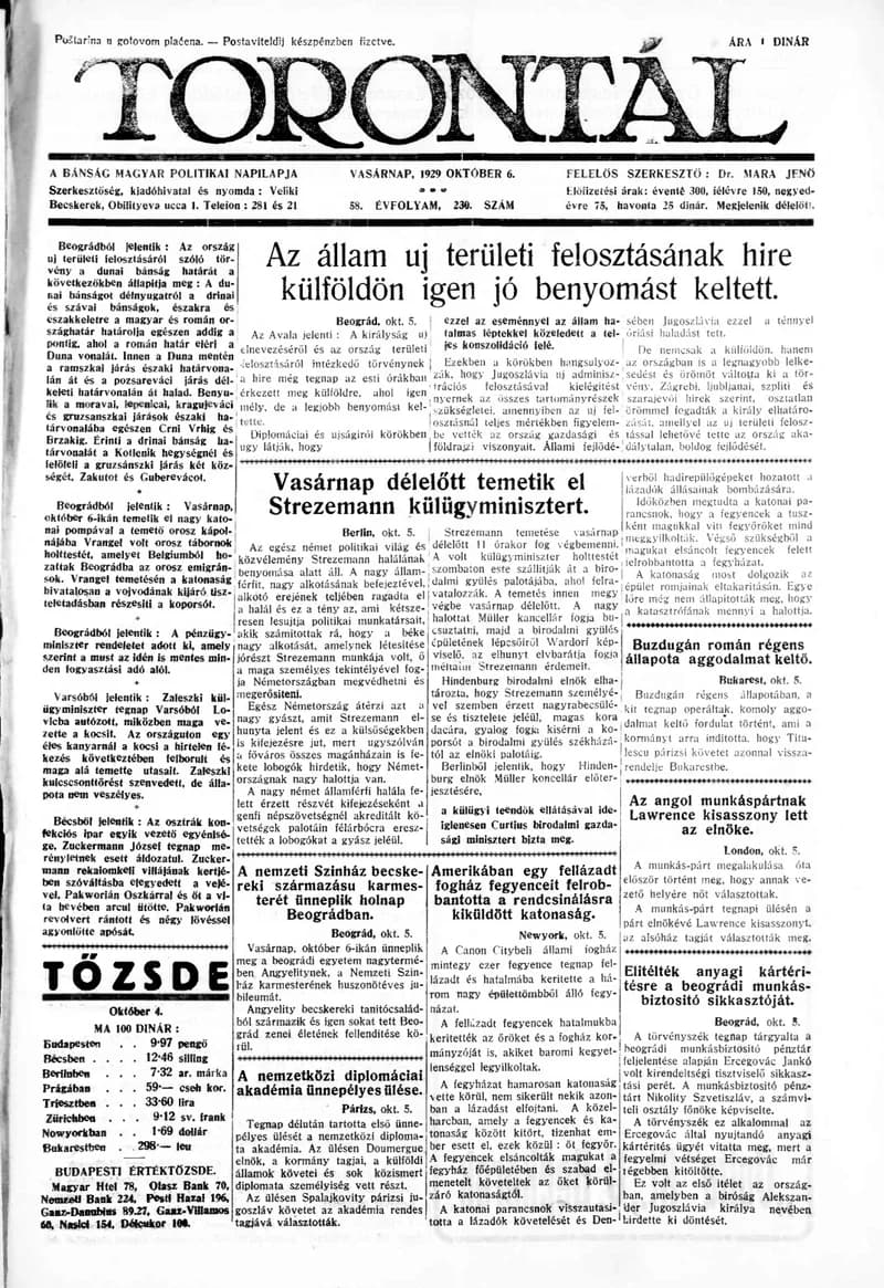 Torontál, 58. évf. 1929. október 6. 230. sz.