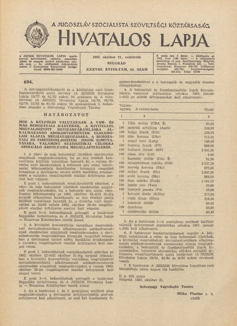 A Jugoszláv Szocialista Szövetségi Köztársaság Hivatalos Lapja, 38. évf. 1982. október 21. 63. sz. 1513–1520. oldal