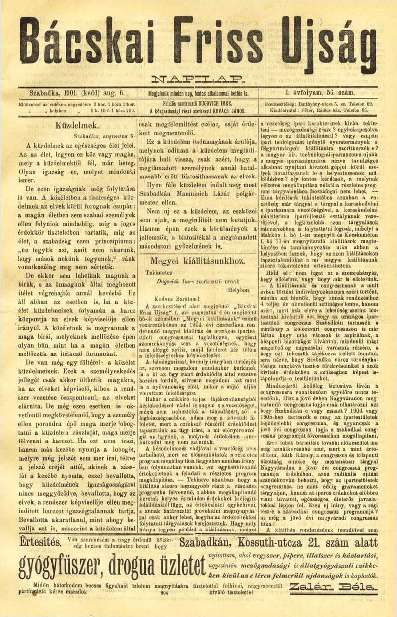 Bácskai Friss Ujság, 1. évf. 1901. augusztus 6. 56. sz.