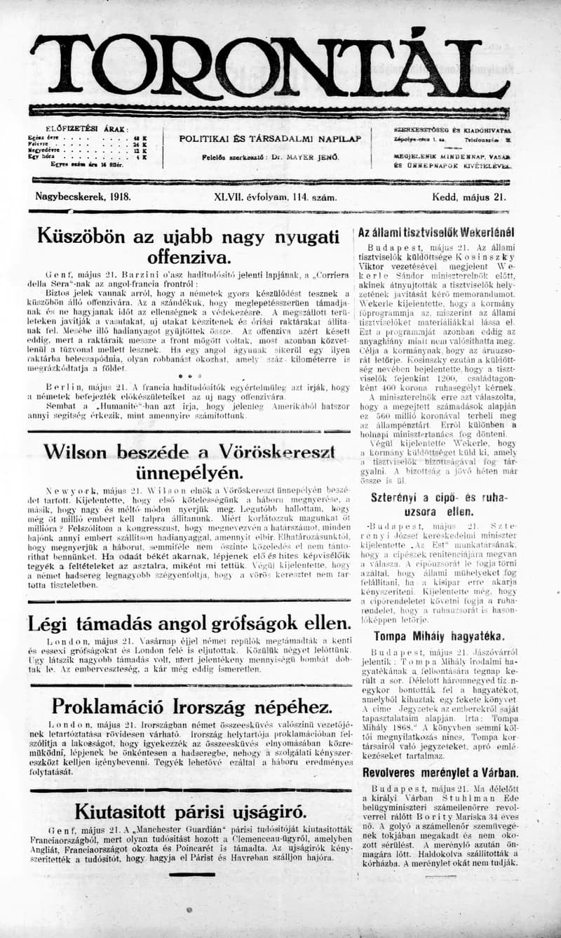 Torontál, 47. évf. 1918. május 21. 114. sz.