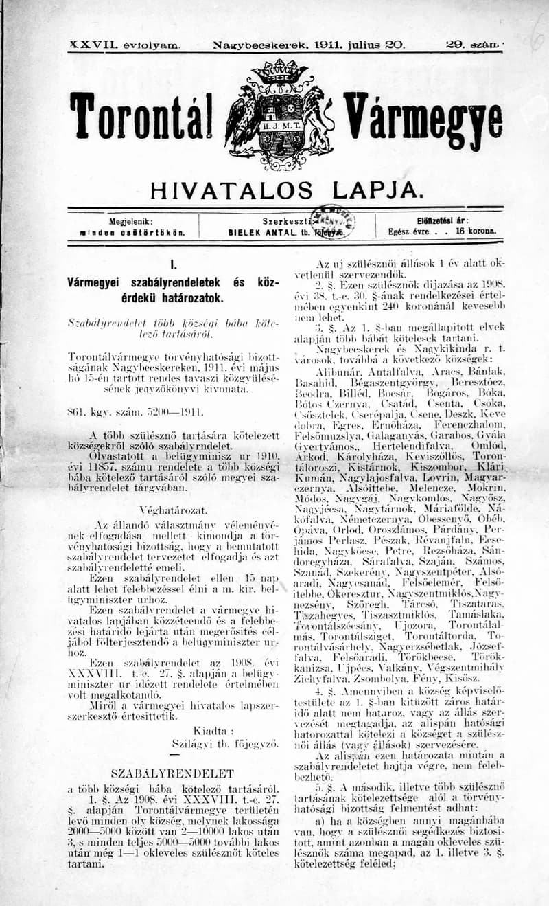 Torontál Vármegye Hivatalos Lapja, 27. évf. 1911. július 20. 29. sz.