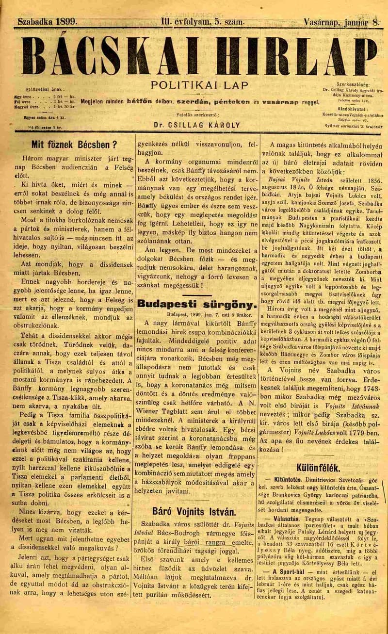 Bácskai Hirlap, 3. évf. 1899. január 8. 5. sz. 1–4. oldal