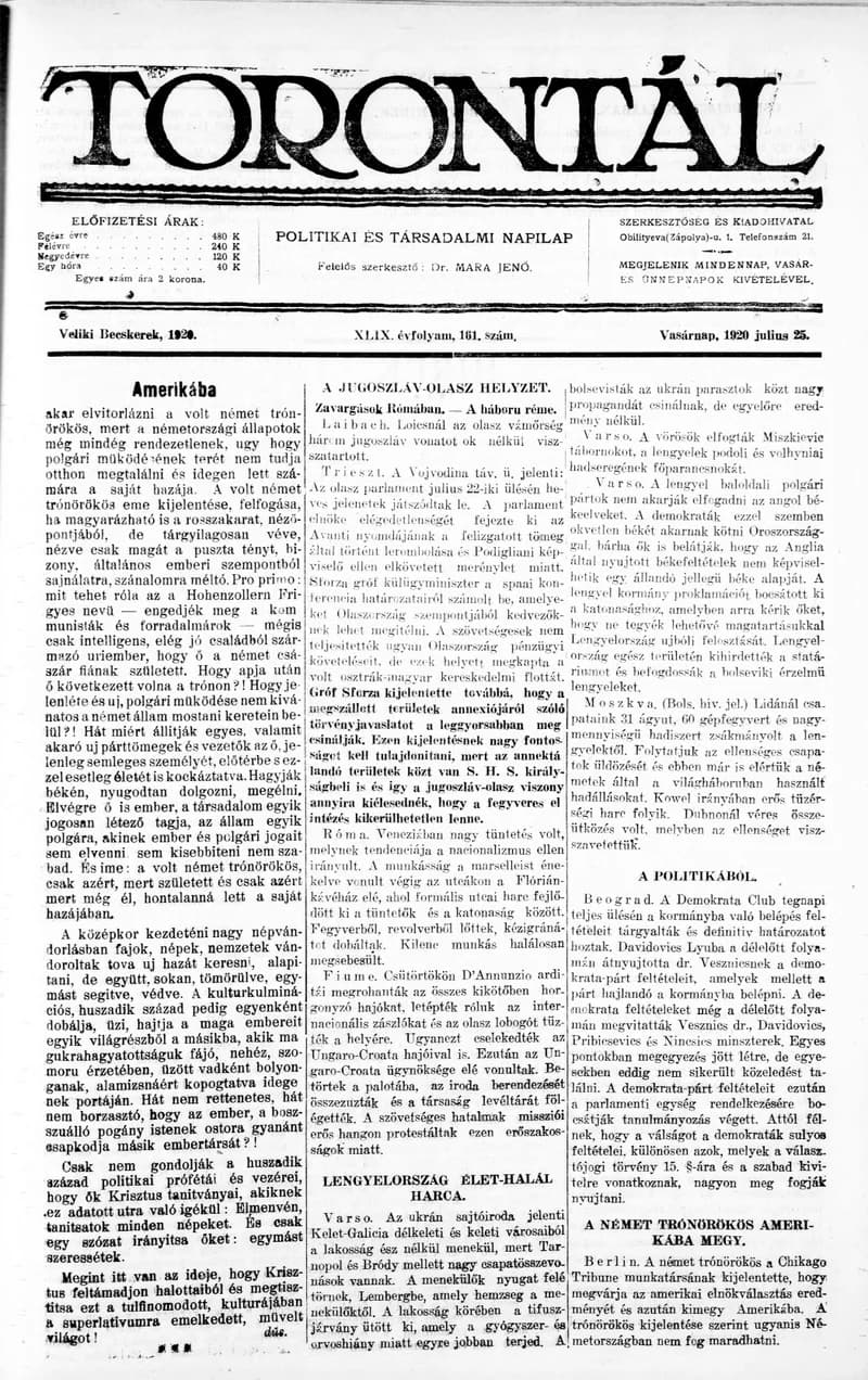 Torontál, 49. évf. 1920. július 25. 161. sz.