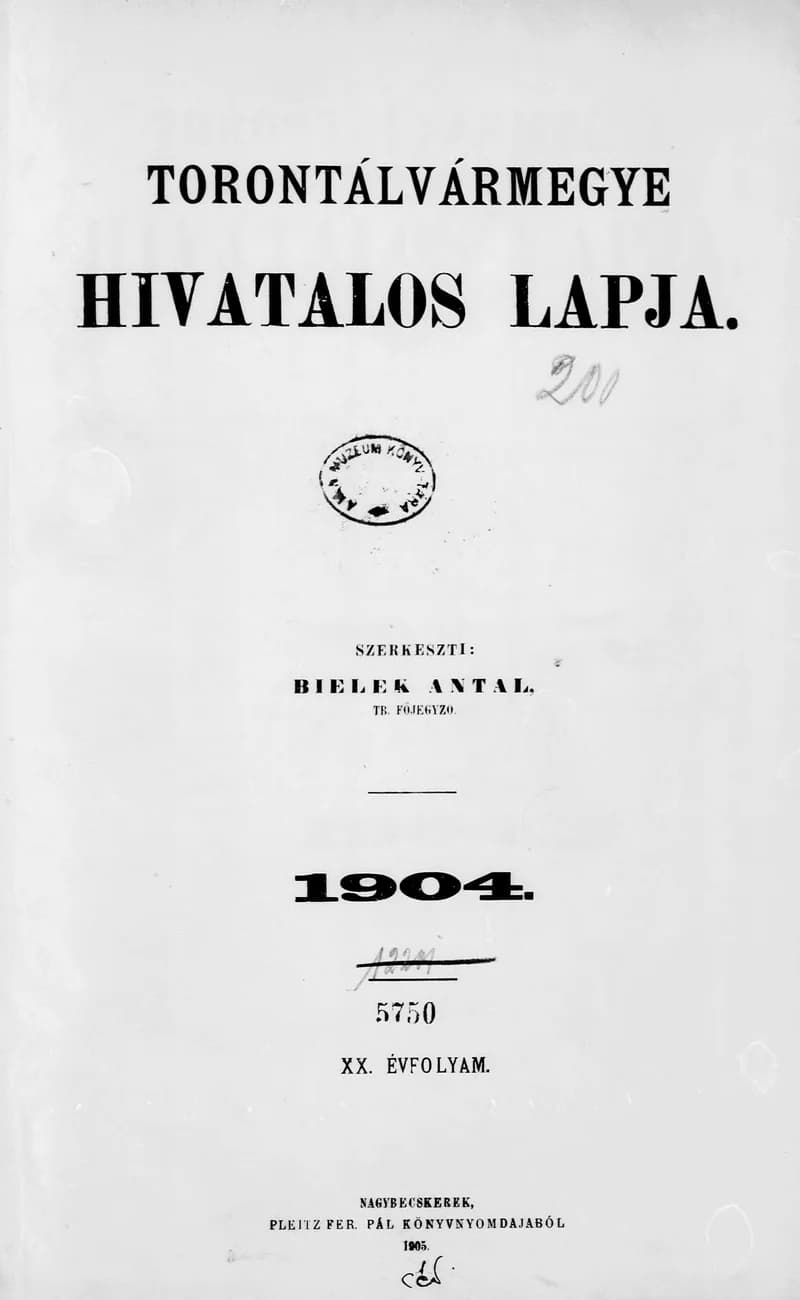 Torontál Vármegye Hivatalos Lapja, 20. évf. 1904. Tárgymutató