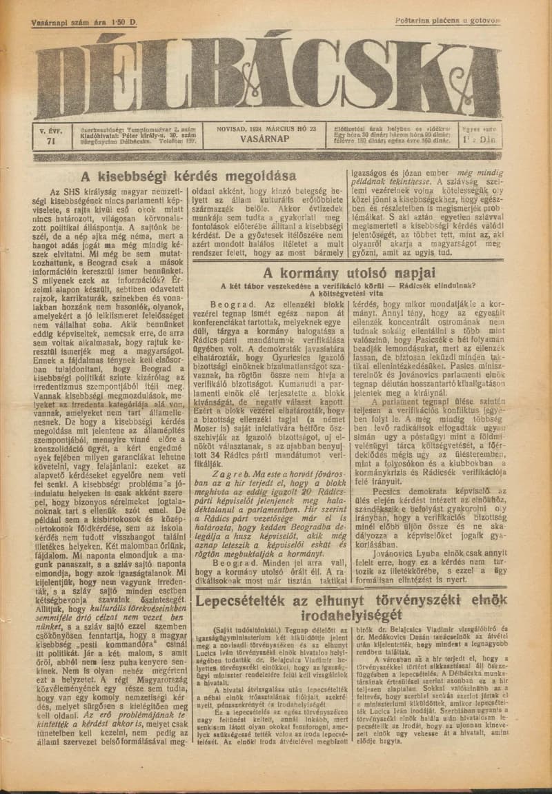Délbácska, 5. évf. 1924. március 23. 71. sz.