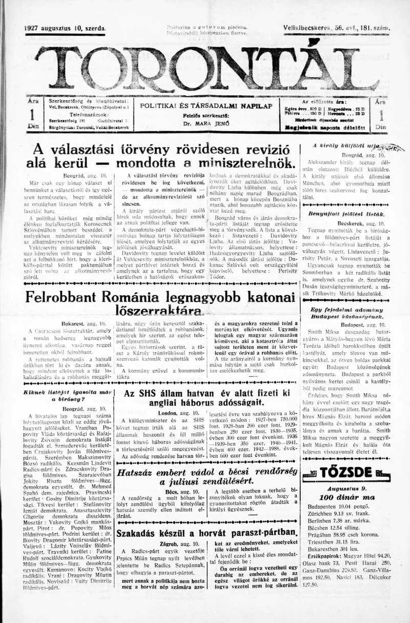 Torontál, 56. évf. 1927. augusztus 10. 181. sz.