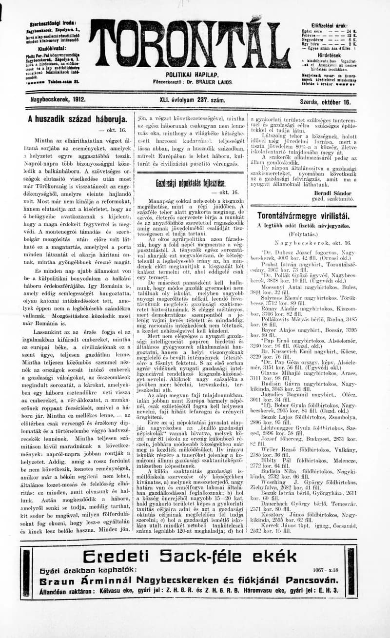Torontál, 41. évf. 1912. október 16. 237. sz.