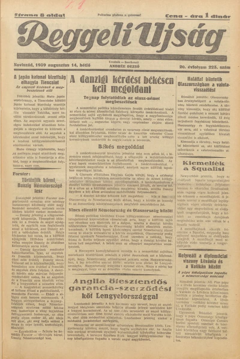 Reggeli Újság, 20. évf. 1939. augusztus 14. 223. sz.