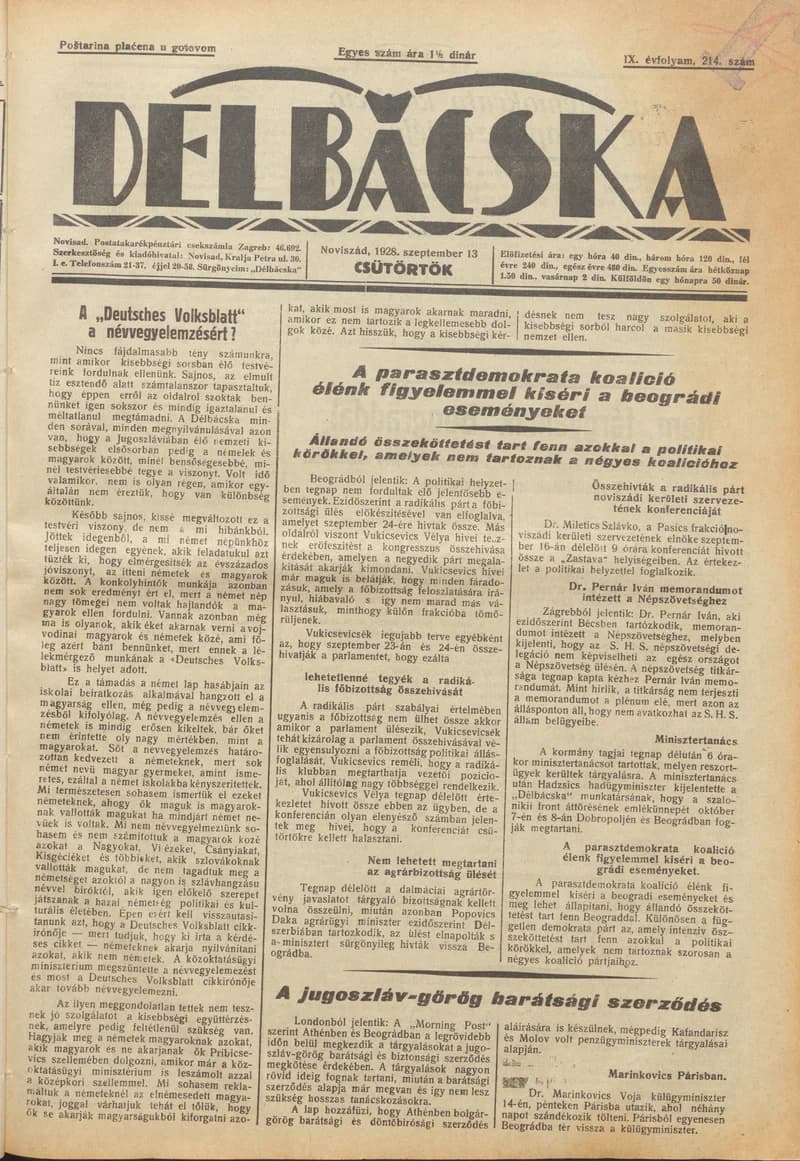 Délbácska, 9. évf. 1928. szeptember 13. 214. sz.