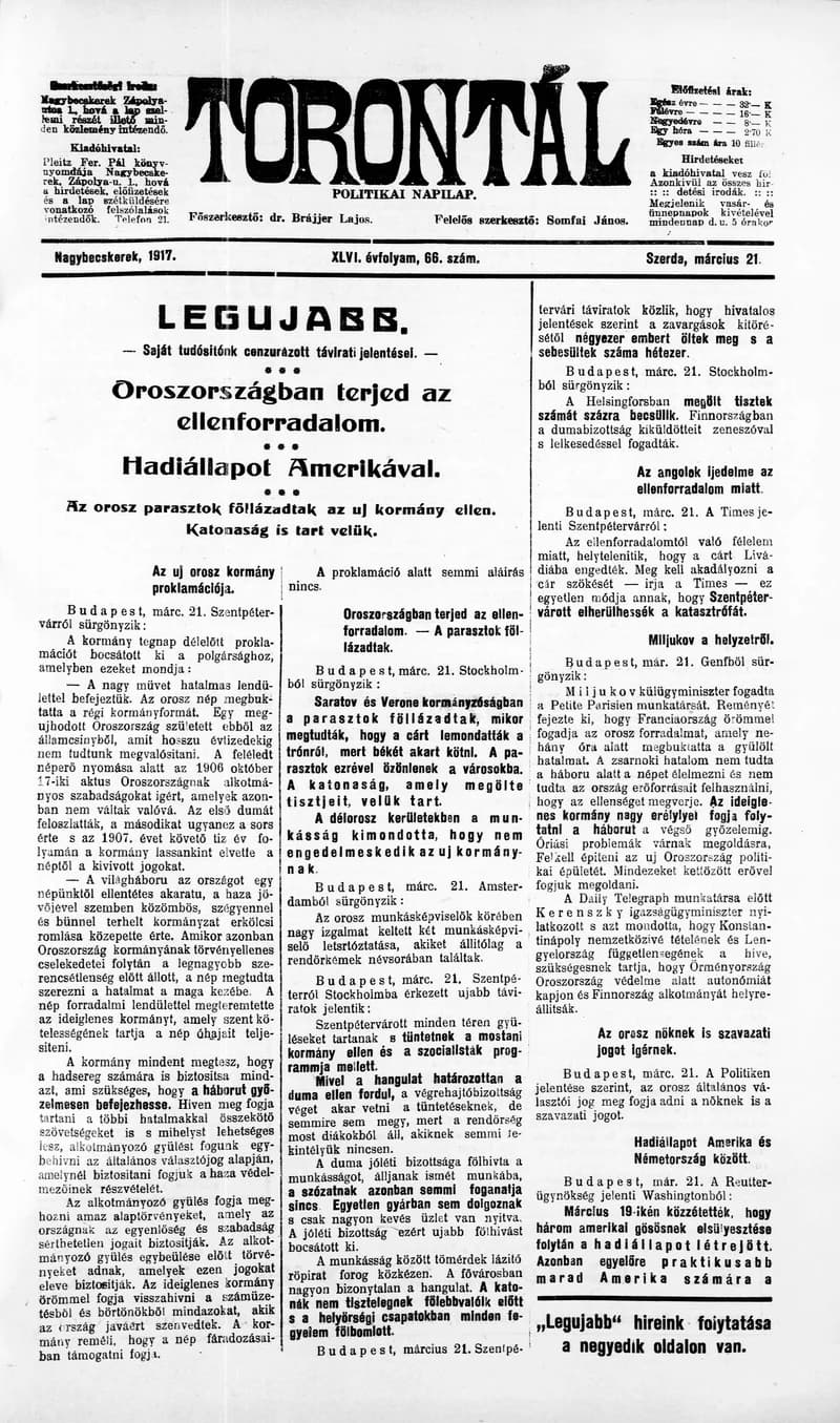 Torontál, 46. évf. 1917. március 21. 66. sz.