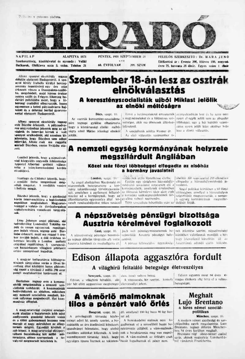 Híradó, 60. évf. 1931. szeptember 11. 209. sz.