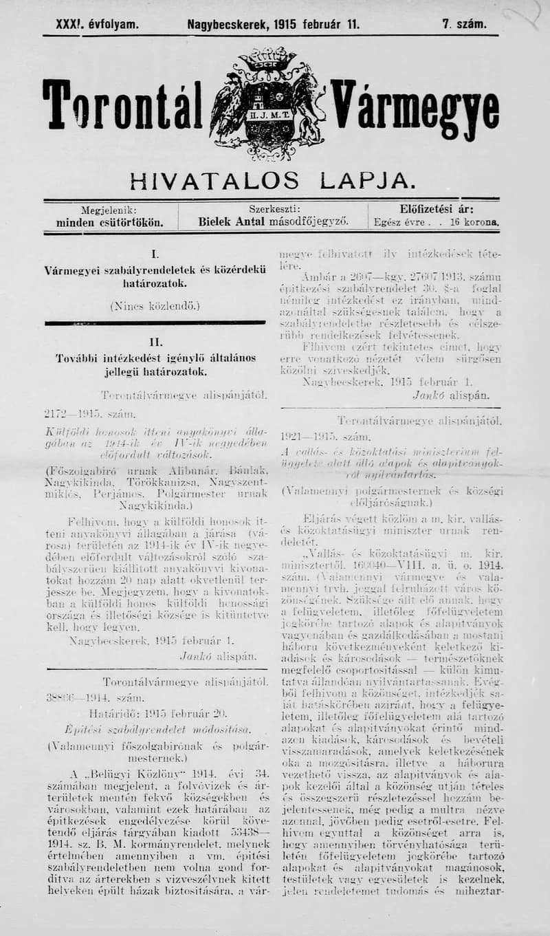 Torontál Vármegye Hivatalos Lapja, 31. évf. 1915. február 11. 7. sz.