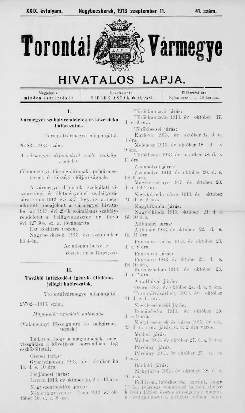 Torontál Vármegye Hivatalos Lapja, 29. évf. 1913. szeptember 11. 41. sz.