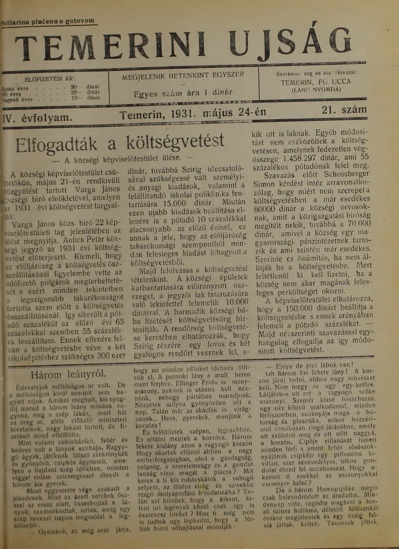Temerini Újság 1928-1944, 4. évf. 1931. május 24. 21. sz.