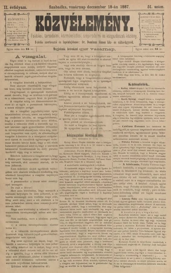 Közvélemény, 2. évf. 1887. december 18. 51. sz.
