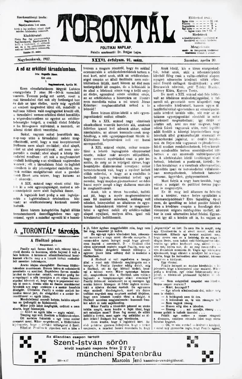 Torontál, 36. évf. 1907. április 20. 91. sz.