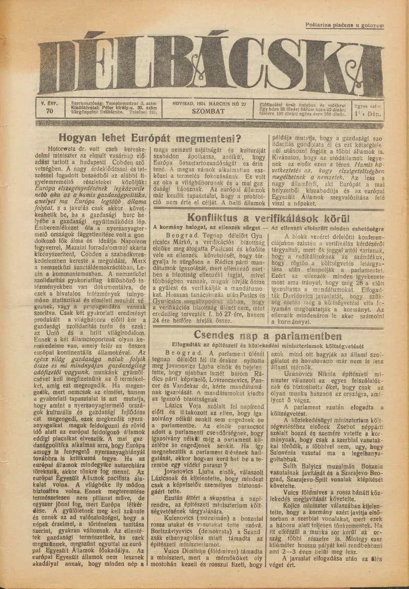 Délbácska, 5. évf. 1924. március 22. 70. sz.