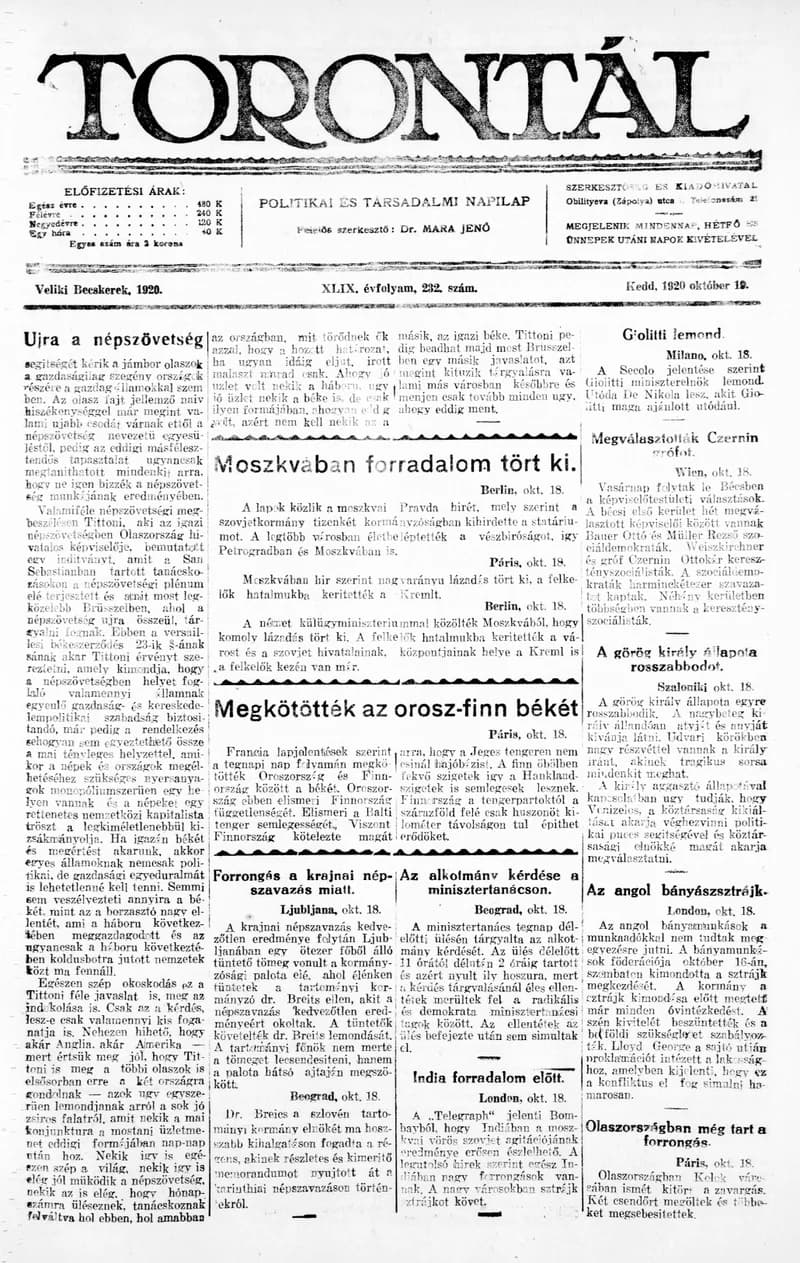 Torontál, 49. évf. 1920. október 19. 232. sz.