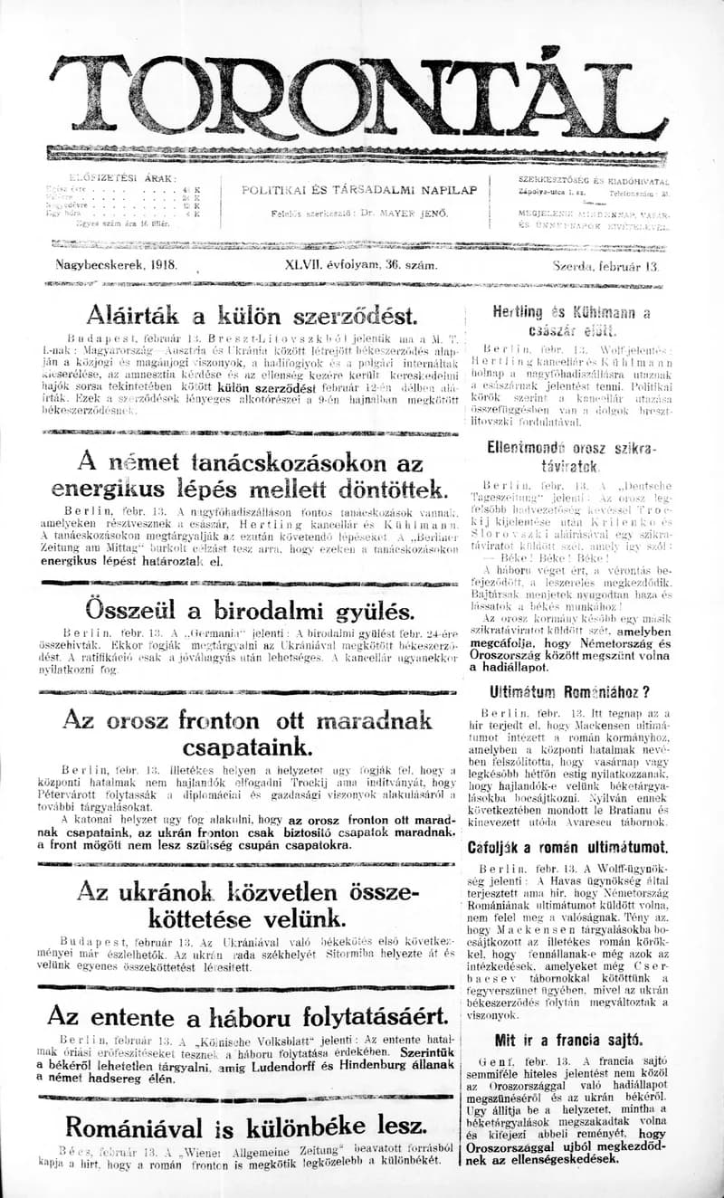 Torontál, 47. évf. 1918. február 13. 36. sz.