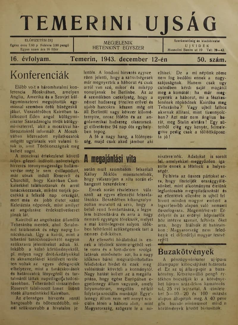 Temerini Újság 1928-1944, 16. évf. 1943. december 12. 50. sz.