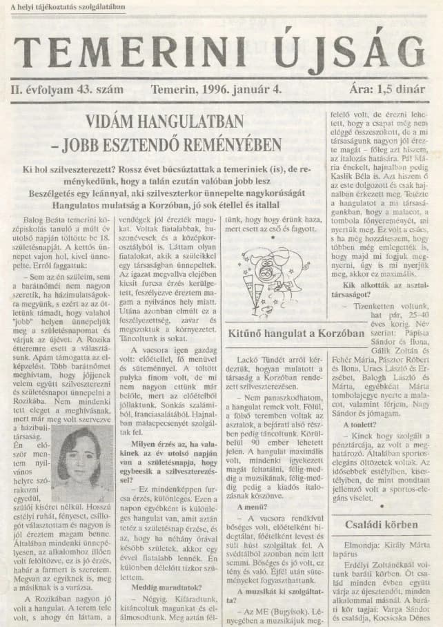 Temerini Újság, 2. évf. 1996. január 4. 1. sz.