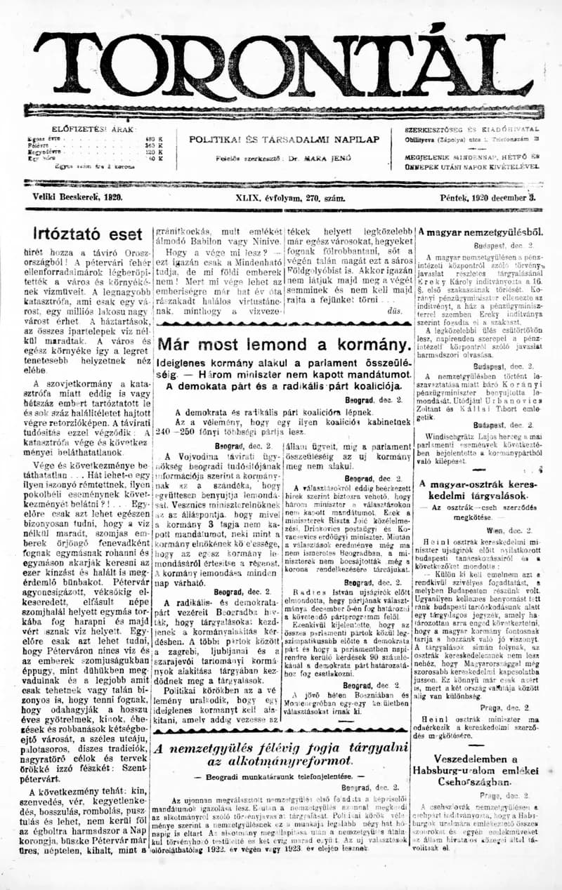 Torontál, 49. évf. 1920. december 3. 270. sz.