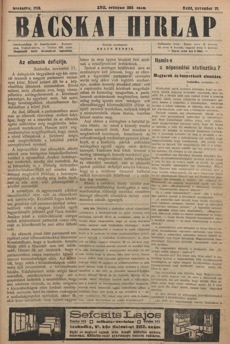 Bácskai Hirlap, 17. évf. 1913. november 18. 265. sz.