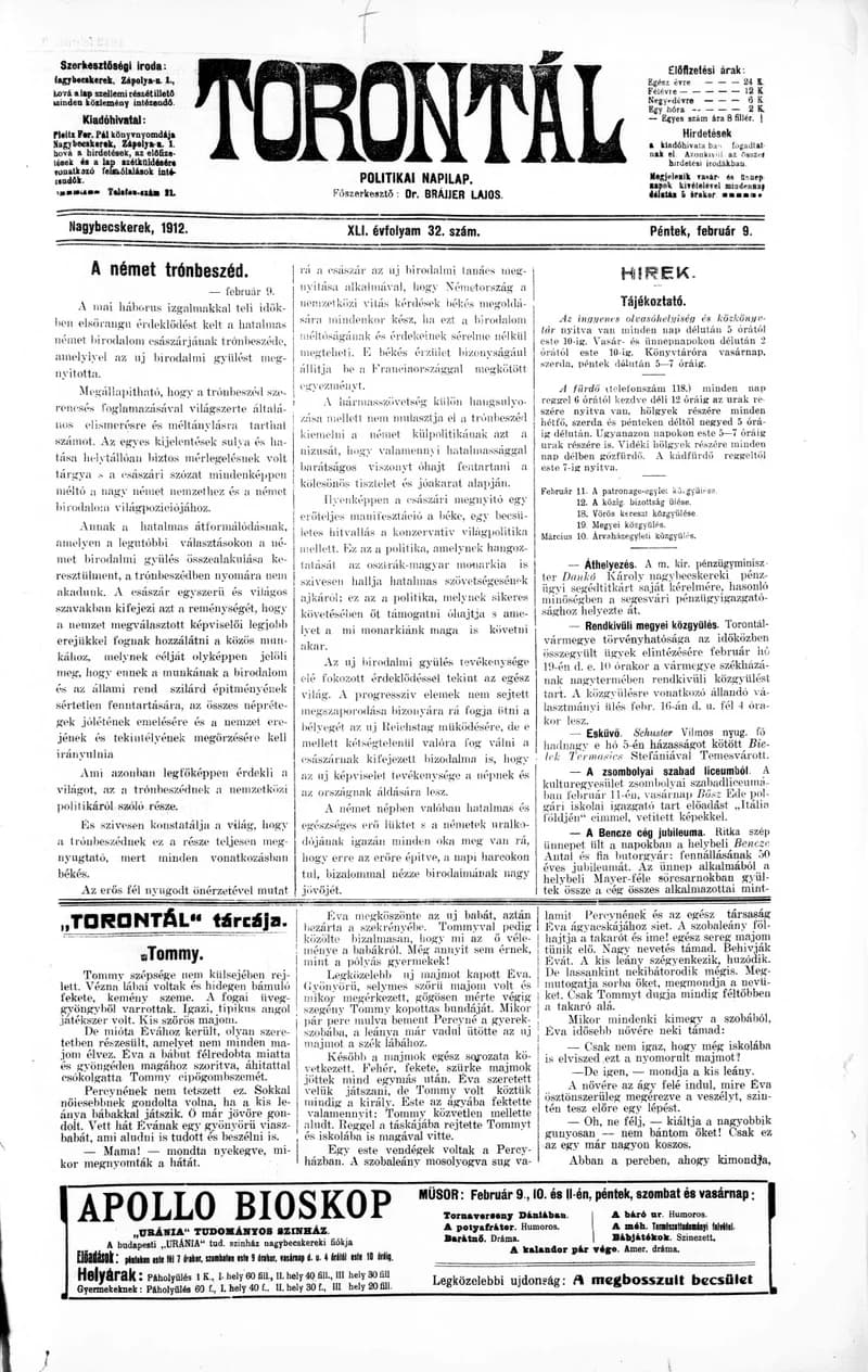 Torontál, 41. évf. 1912. február 9. 32. sz.