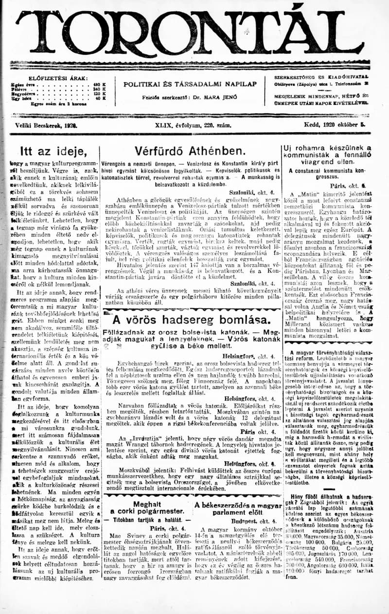 Torontál, 49. évf. 1920. október 5. 220. sz.