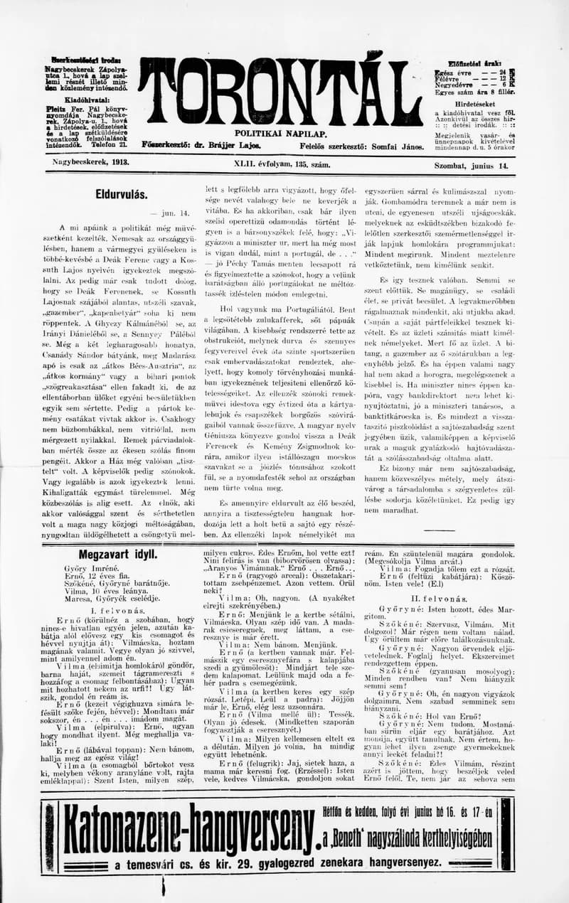 Torontál, 42. évf. 1913. június 14. 135. sz.