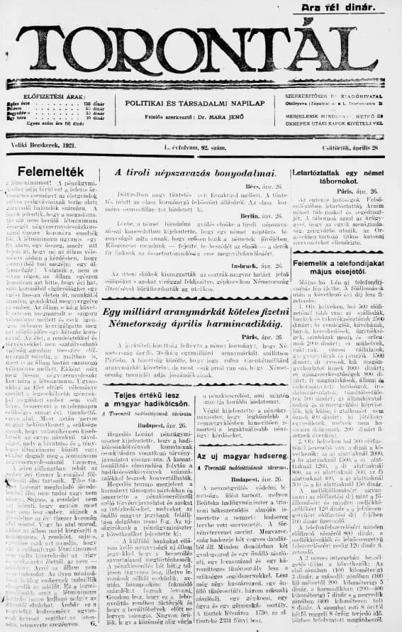 Torontál, 50. évf. 1921. április 28. 92. sz.
