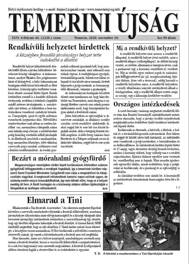 Temerini Újság, 26. évf. 2020. november 19. 46. sz.