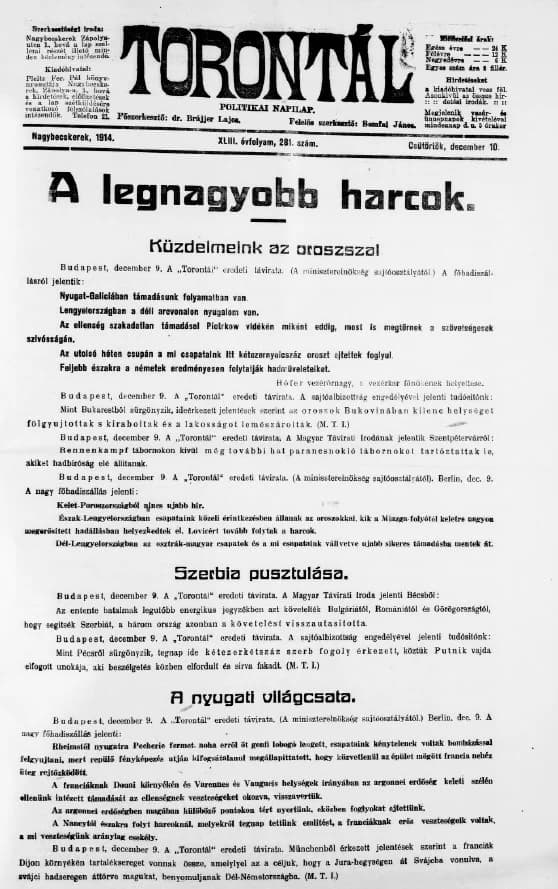 Torontál, 43. évf. 1914. december 10. 281. sz.