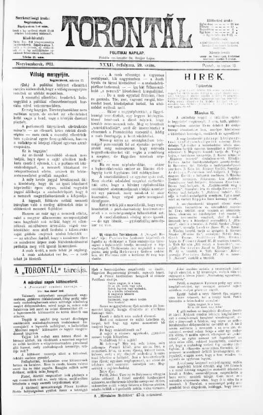 Torontál, 32. évf. 1903. március 13. 59. sz.
