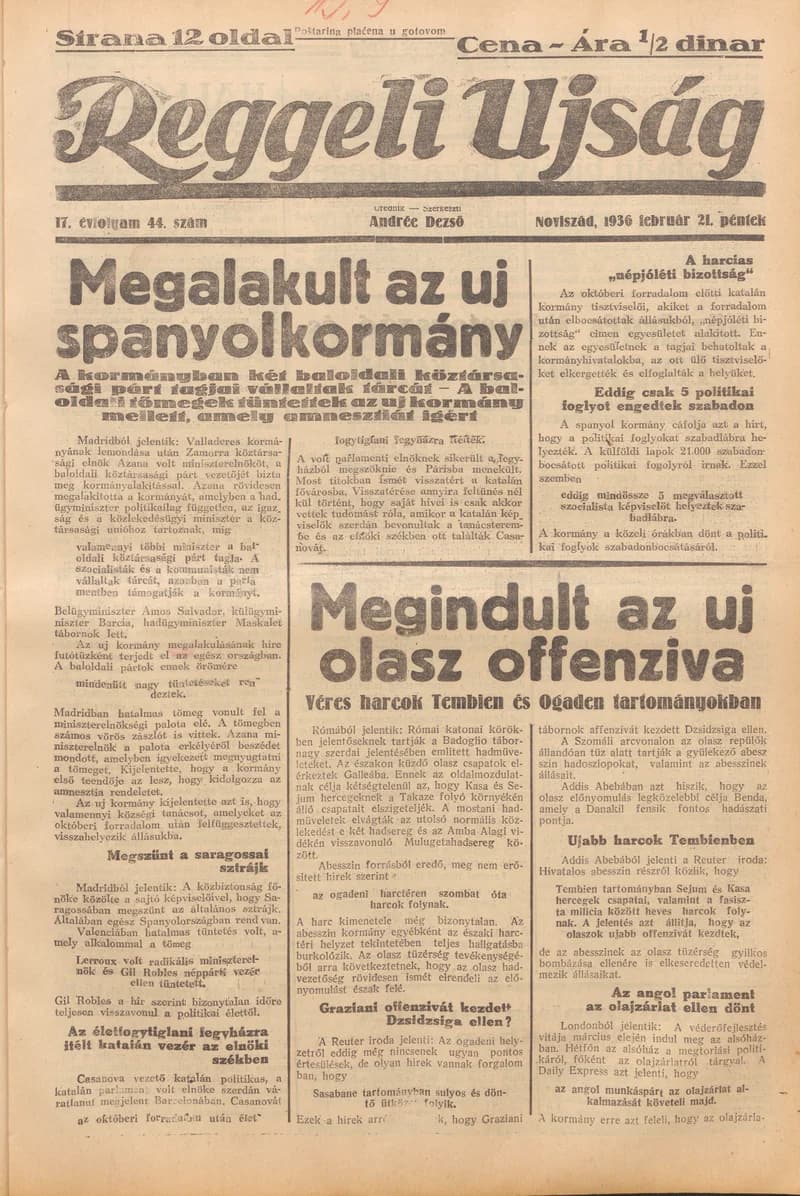 Reggeli Újság, 17. évf. 1936. február 21. 44. sz.