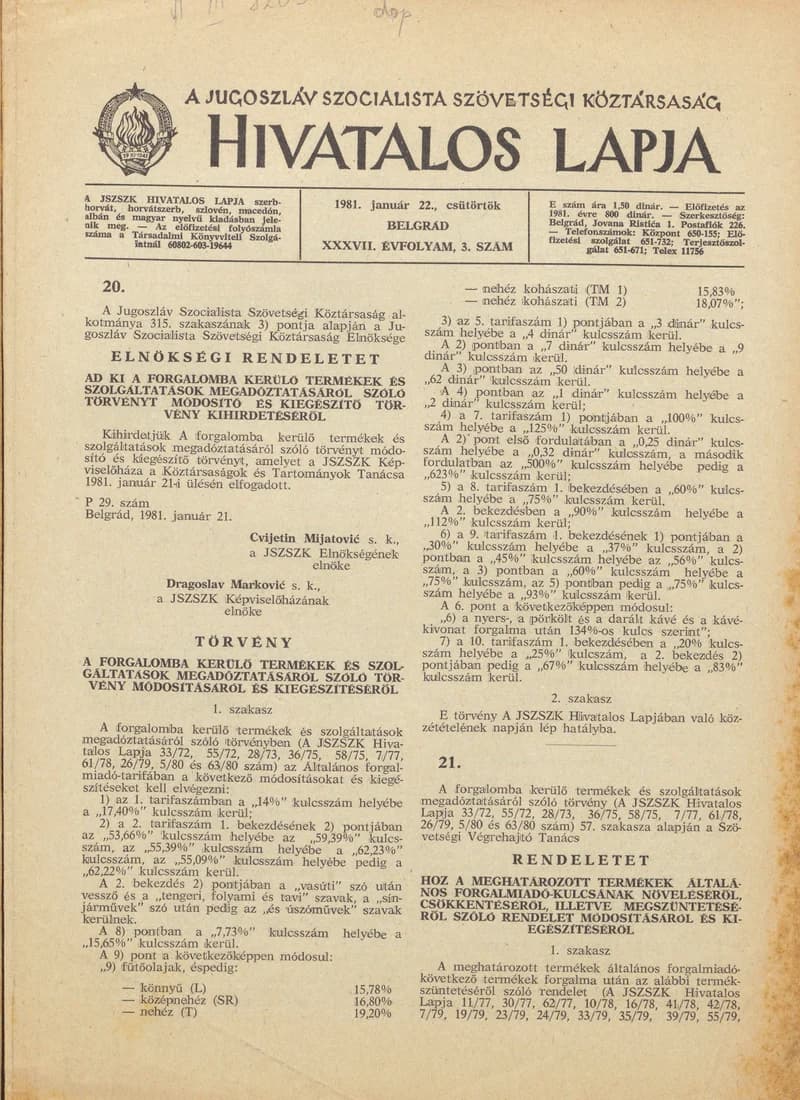 A Jugoszláv Szocialista Szövetségi Köztársaság Hivatalos Lapja, 37. évf. 1981. január 22. 3. sz. 133–136. oldal