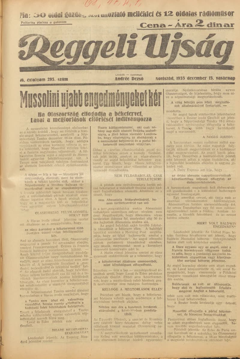 Reggeli Újság, 16. évf. 1935. december 15. 295. sz.