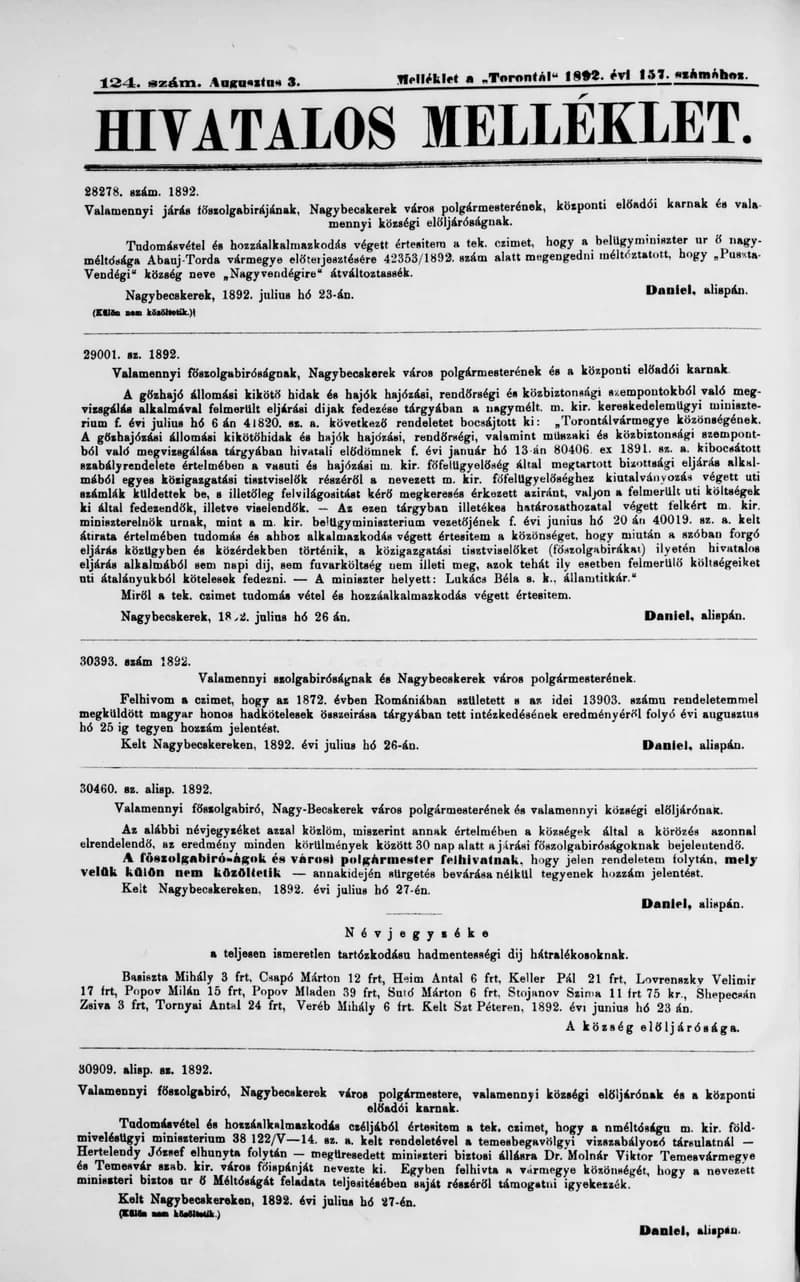 A Totontál  hivatalos melléklete, 5. évf. 1892. augusztus 3. 124. sz.
