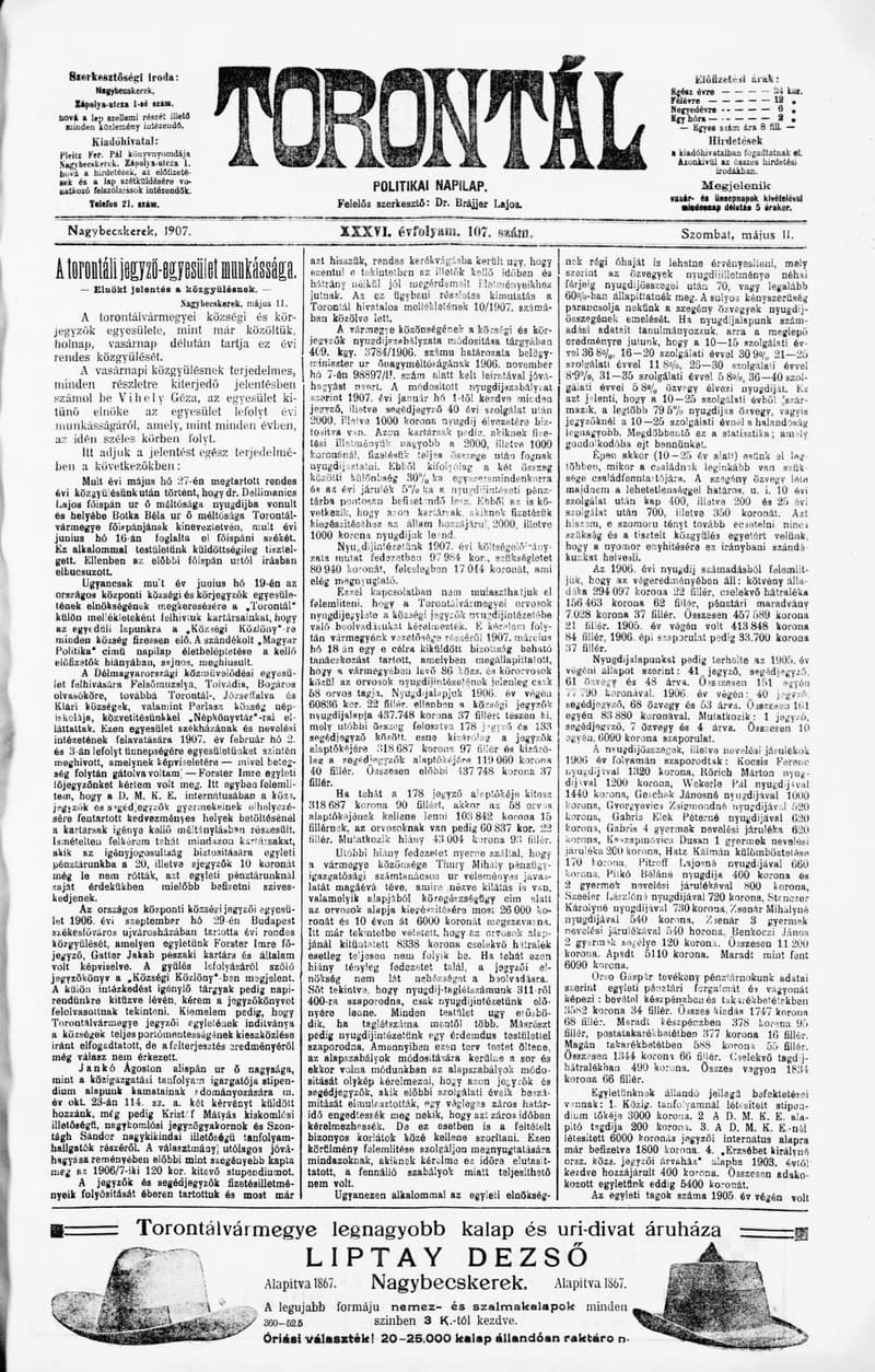 Torontál, 36. évf. 1907. május 11. 107. sz.