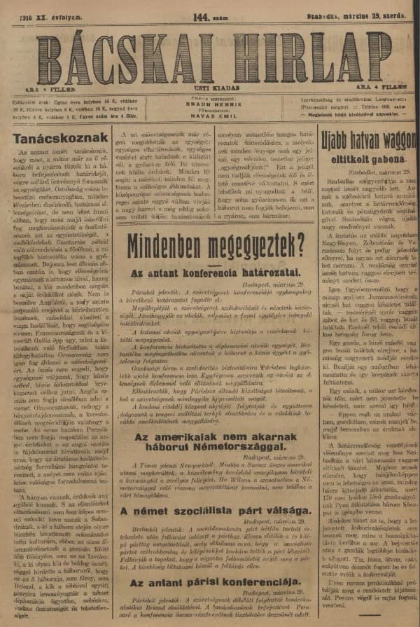 Bácskai Hirlap, 20. évf. 1916. március 29. 144. sz.