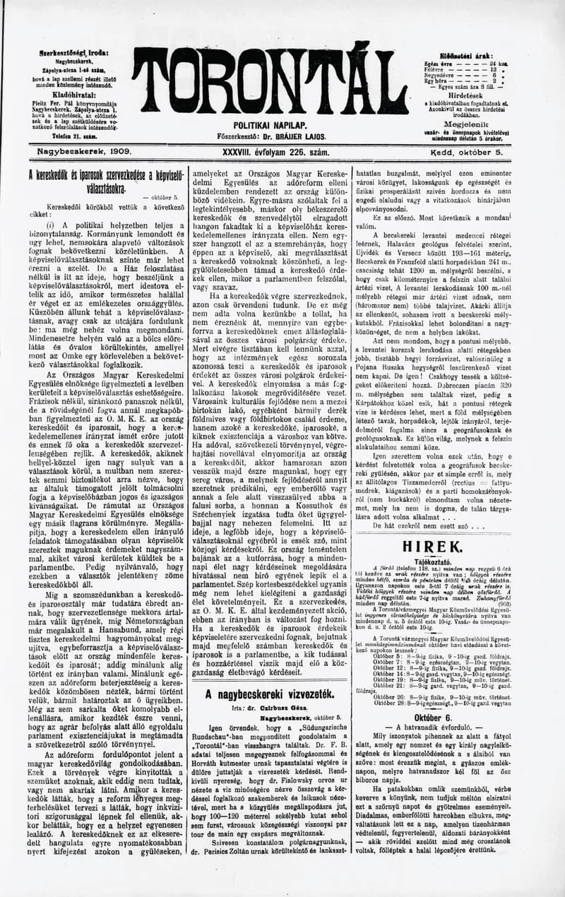 Torontál, 38. évf. 1909. október 5. 226. sz.