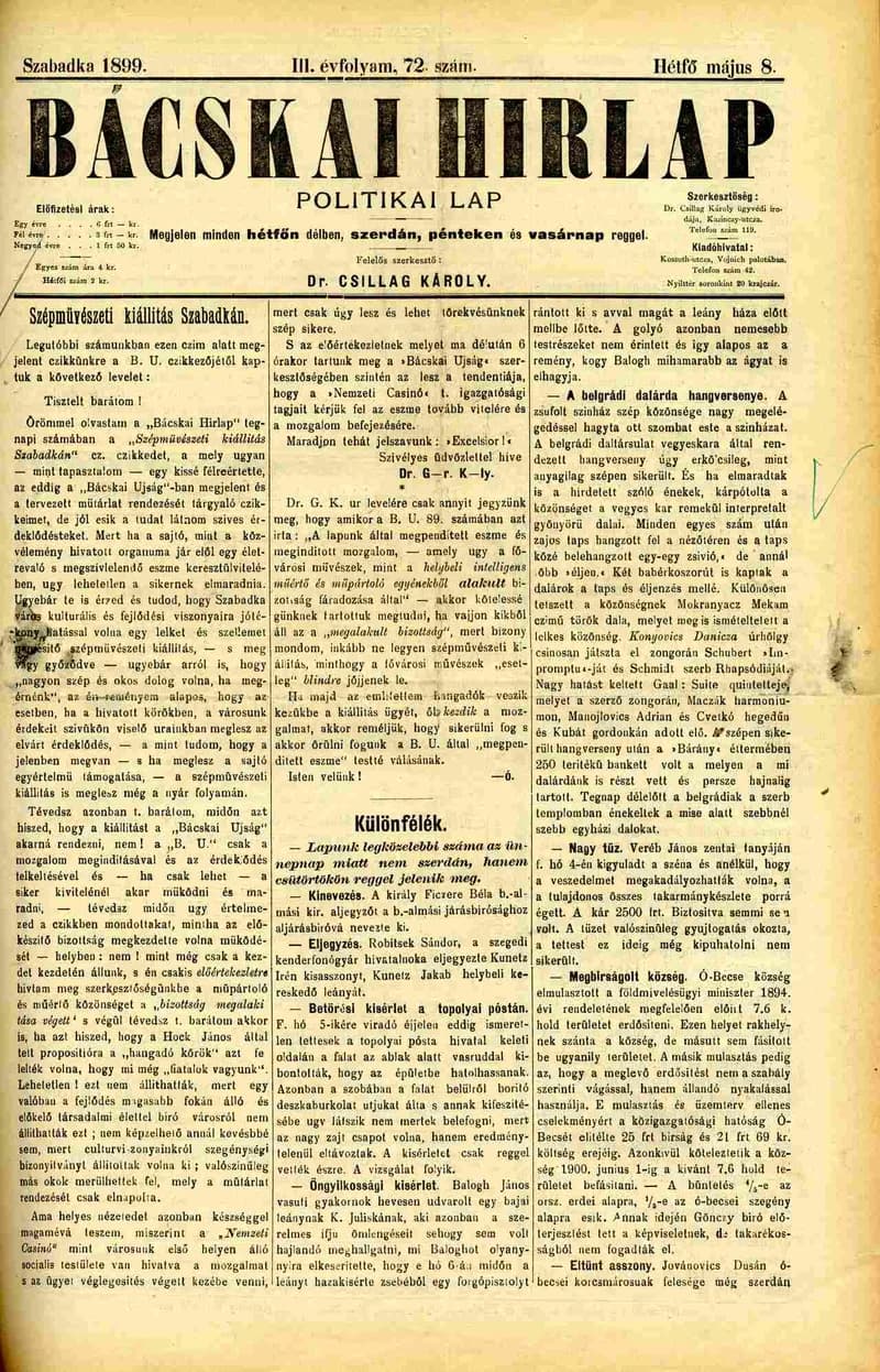Bácskai Hirlap, 3. évf. 1899. május 8. 72. sz.